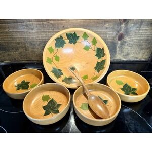 Vintage Rio Grande Woodware Ivy Salad Bowl Set 6pc Hand Painted 1970s